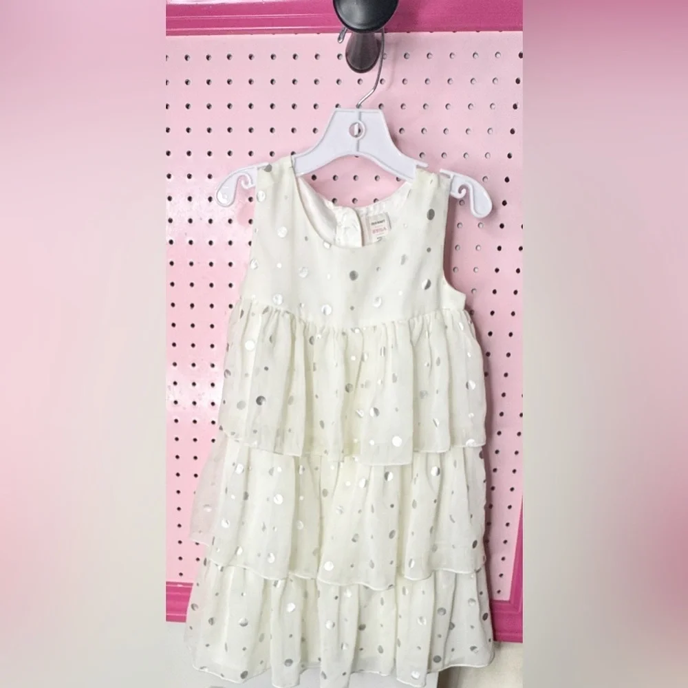 Old Navy Ivory Silver Polka Dot Tiered Ruffle Dress Girls 5T Holiday Party